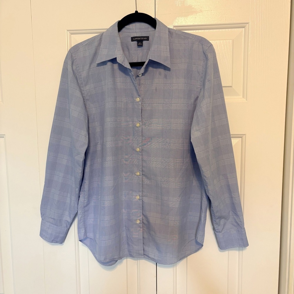 Lands End Womens Blue Glen Plaid Button Down Shirt Size 10 Long Sleeve Top